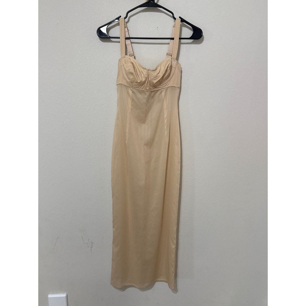 Vintage Bra Slip Dress Women XXS/XS Beige Underwire Lace Trim Midi Lingerie